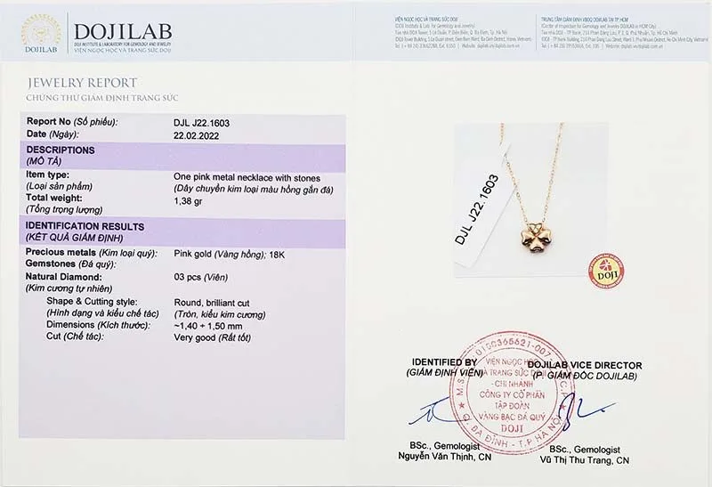 Chứng Chỉ Giám đính Vàng LiLi