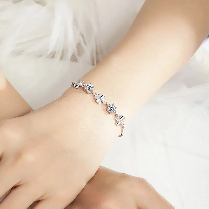 Lắc Tay Bạc Nữ Mạ Bạch Kim đính đá CZ Cỏ 4 Lá LILI 612672 30