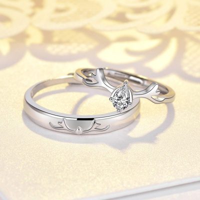 Nhẫn đôi bạc mạ bạch kim đính đá Zircon Sừng tuần lộc LILI_548791-02