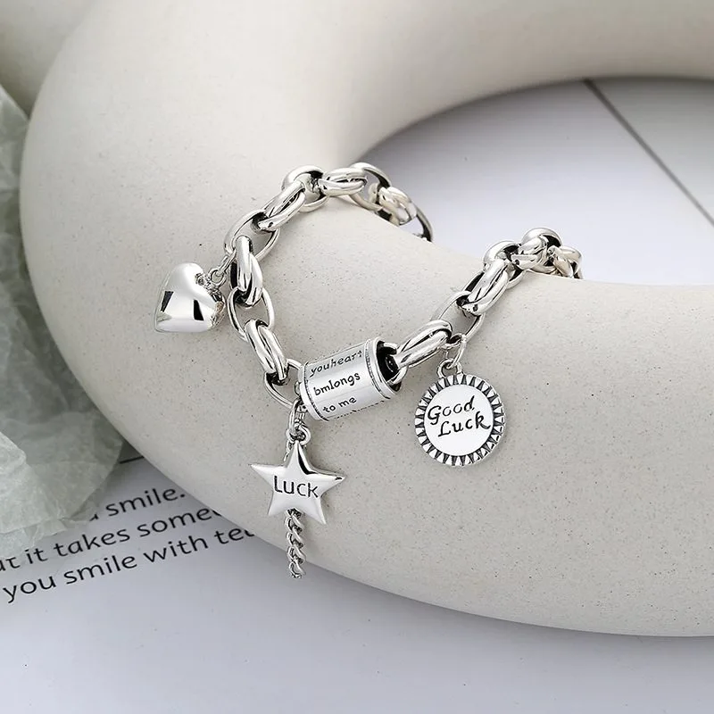 Lắc Tay Bạc Nữ Chuỗi Vuông Tròn Trái Tim Ngôi Sao May Mắn LILI 884778 2