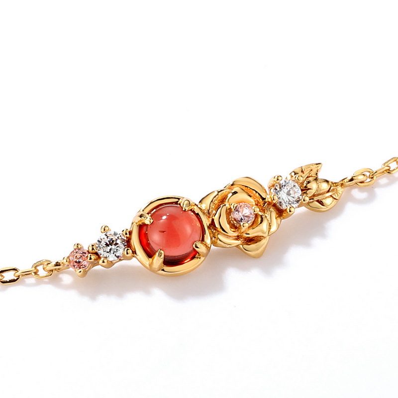 Lắc Tay Bạc Nữ Mạ Vàng đính đá Garnet Hoa Hồng Rose LILI 886825 2