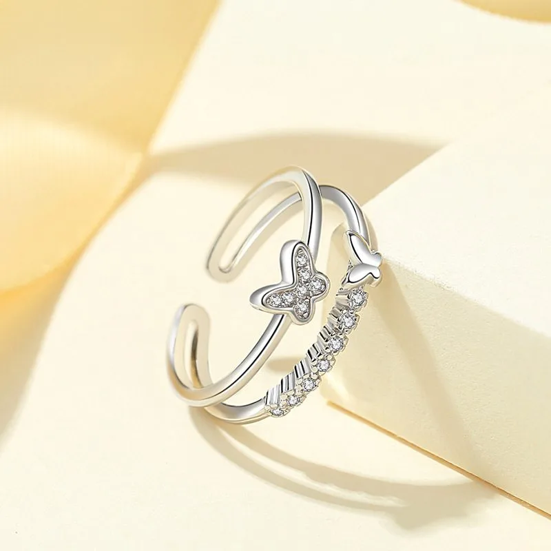 Nhẫn bạc nữ mạ vàng đính đá CZ 2 tầng đôi bướm xinh LILI_155512_2
