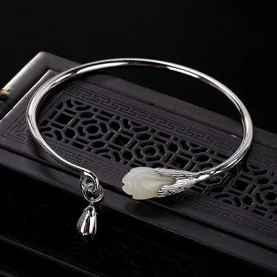 Vòng Tay Bạc Nữ đính Ngọc Bích Hetian Hoa Mộc Lan Cổ Trang Trung Quốc LILI 110006 5