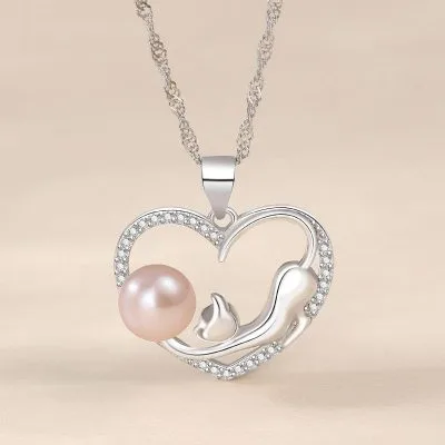 Dây Chuyền Bạc Nữ Ngọc Trai Trái Tim Và Mèo Nhỏ Chơi Bóng LILI 875778 3