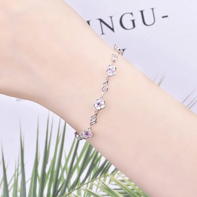 Lắc Tay Bạc Nữ Mạ Bạch Kim đính đá CZ Hình Bông Hoa Hồng Rose LILI 783929 12
