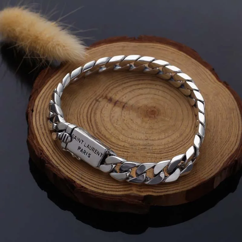 Lắc Tay Bạc Nam Mắt Xích đơn Giản Ngầu Cuban Saint Laurent Paris LILI 746785 32