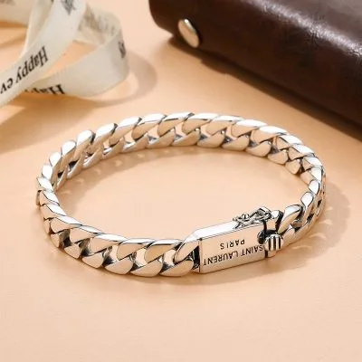Lắc Tay Bạc Nam Mắt Xích đơn Giản Ngầu Cuban Saint Laurent Paris LILI 746785 38