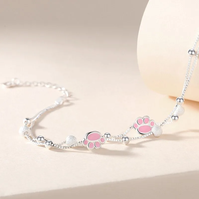 Vòng tay bạc nữ xếp chồng 2 lớp chân mèo dễ thương LILI_272912_1