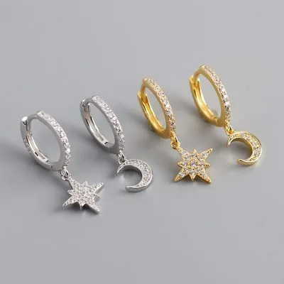 Bông Tai Bạc Nữ Tròn Mạ Vàng đính đá CZ Trăng Sao LILI 541779 1
