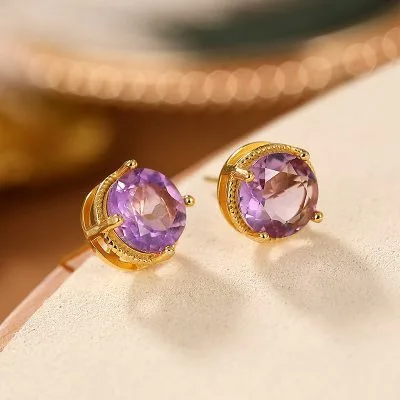 Bông Tai Bạc Nữ Dạng Nụ Mạ Vàng đính đá Thạch Anh Tím LILI 243837 1