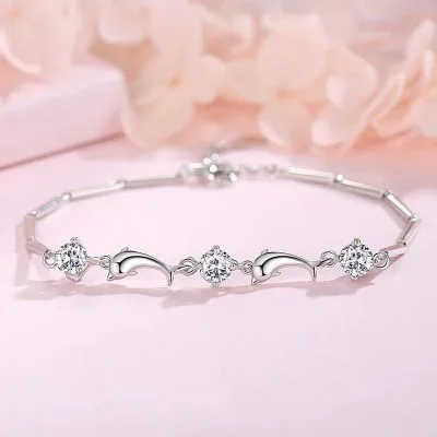 Lắc Tay Bạc Nữ Mạ Bạch Kim đính đá CZ Cá Heo Con LILI 542555 1