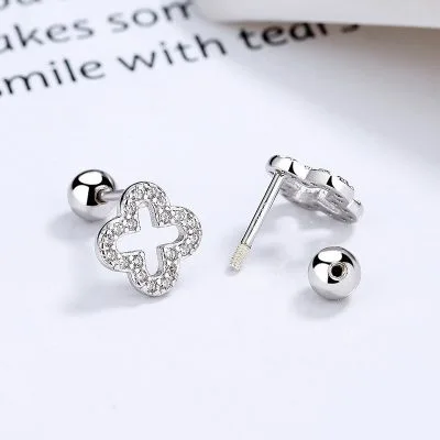 Khuyên Tai Bạc Nữ đính đá CZ Hình Cỏ 4 Lá LILI 472522 1