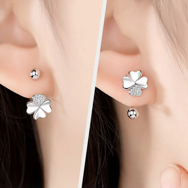 Khuyên Tai Bạc Nữ Kiểu Chữ C Hình Cỏ 4 Lá Vera LILI 256684 1