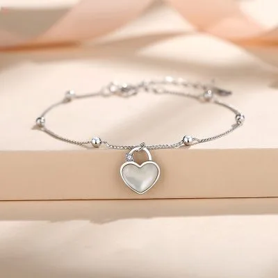 Lắc Tay Bạc Nữ đính đá CZ Chuỗi Hạt Tròn Hình Móc Khóa Trái Tim LILI 332288 1