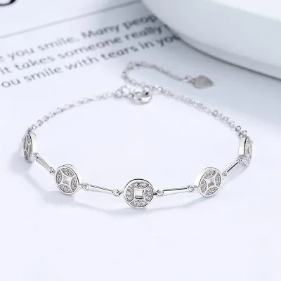 Lắc Tay Bạc Nữ đính đá CZ Hình đồng Xu May Mắn Lucky LILI 668923 3
