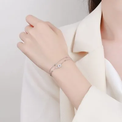 Lắc Tay Bạc Nữ Hạt Tròn đính đá CZ Ngôi Sao 5 Cánh LILI 495727 1