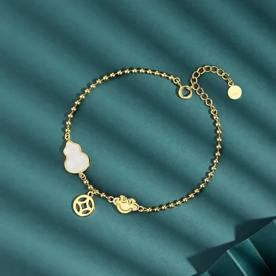 Lắc Tay Bạc Nữ đính Ngọc Bích Hetian Kim Tiền Hồ Lô Khóa Trường Mệnh LILI 393611 4