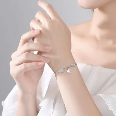 Lắc Tay Bạc Nữ đính Ngọc Bích Hetian Kim Tiền Hồ Lô Khóa Trường Mệnh LILI 393611 5