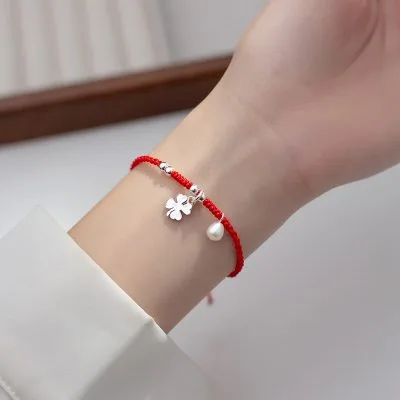 Lắc Tay Bạc Nữ Dây Bện đỏ Ngọc Trai, Cỏ Bốn Lá May Mắn Raven LILI 063452 1