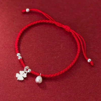 Lắc Tay Bạc Nữ Dây Bện đỏ Ngọc Trai, Cỏ Bốn Lá May Mắn Raven LILI 063452 2