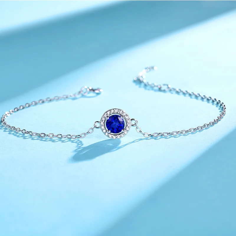 Lắc Tay Bạc Nữ đính đá CZ, Sapphire Hình Tròn Gemma LILI 063676 2
