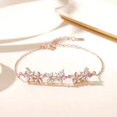 Lắc Tay Bạc Nữ đính đá CZ Vòng Hoa Hồng Vàng Ezra LILI 068234 4