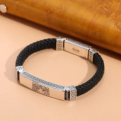 Lắc Tay Bạc Nam Dây Da Hình Con Hổ Ashton LILI 076333 4