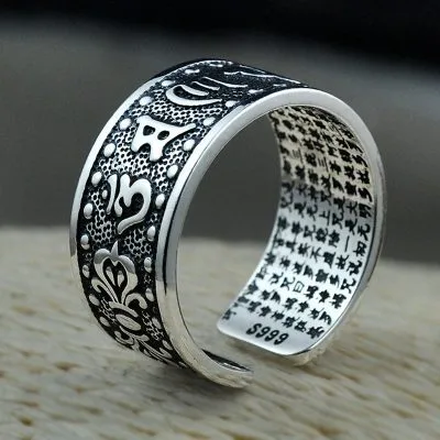 Nhẫn Bạc Nam Ngầu Cỡ Lớn Hình Ký Tự Kinh Chú Phong Thủy Ellis LILI 077461 1