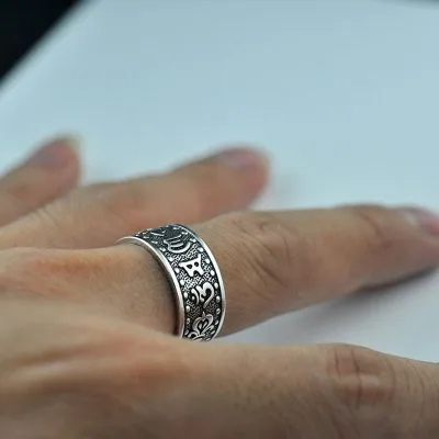 Nhẫn Bạc Nam Ngầu Cỡ Lớn Hình Ký Tự Kinh Chú Phong Thủy Ellis LILI 077461 4