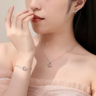 Bông Tai Bạc Nữ đính đá CZ Mặt Trăng ôm Trái Tim Rosa LILI 091278 4