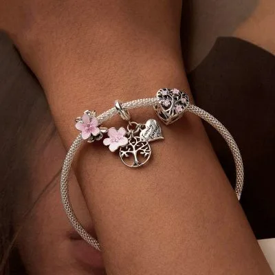 Hạt Charm Bạc Nữ đính đá CZ Hình Bông Hoa Anh đào Jany LILI 089626 2