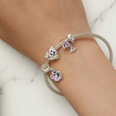 Hạt Charm Bạc Nữ đính đá CZ Hình Hoa Pansy Tím Aliyah LILI 086982 2