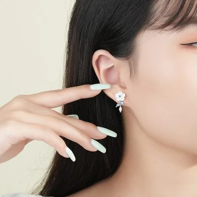 Bông Tai Bạc Nữ Bất đối Xứng đính đá CZ Hoa Và Lá Elle LILI 100201 2