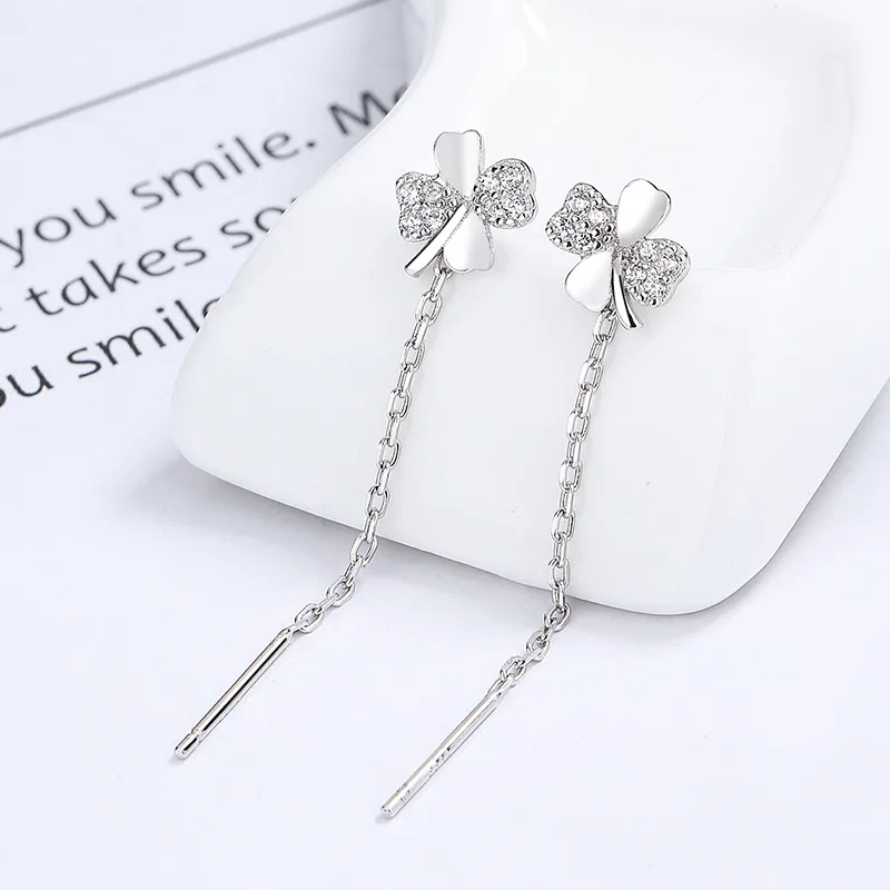 Bông Tai Bạc Nữ đính đá CZ Dạng Chuỗi Dài Cỏ 4 Lá Leah LILI 099793 5