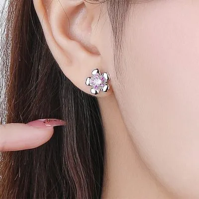 Bông Tai Bạc Nữ đính đá CZ Hình Bông Hoa Anh đào Kali LILI 100123 2