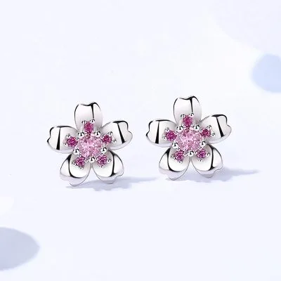 Bông Tai Bạc Nữ đính đá CZ Hình Bông Hoa Anh đào Kali LILI 100123 4