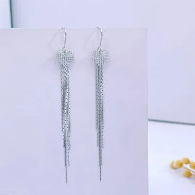 Bông Tai Bạc Nữ đính đá CZ Hình Trái Tim Chuỗi Dây Dài Shay LILI 100722 5