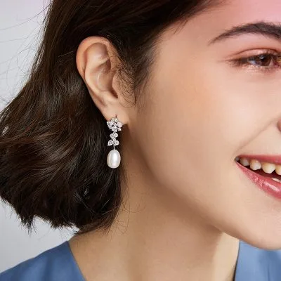 Bông Tai Bạc Nữ đính đá CZ, Ngọc Trai Serenity LILI 101937 7