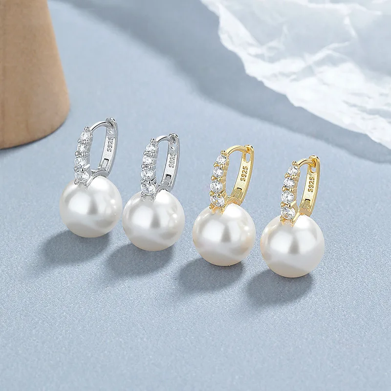 Bông Tai Bạc Nữ đính đá CZ, Ngọc Trai Sidney LILI 101763 1