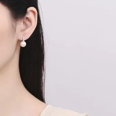 Bông Tai Bạc Nữ đính đá CZ, Ngọc Trai Sidney LILI 101763 3