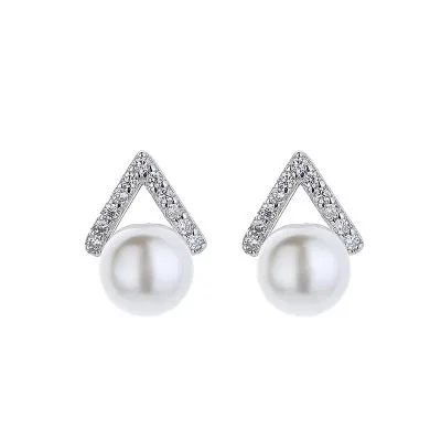 Bông Tai Bạc Nữ đính đá CZ, Ngọc Trai Chữ V Victoria LILI 101826 5