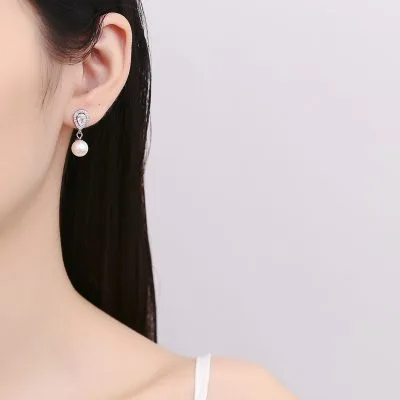 Bông Tai Bạc Nữ đính đá CZ, Ngọc Trai Hình Giọt Nước Shea LILI 101744 3