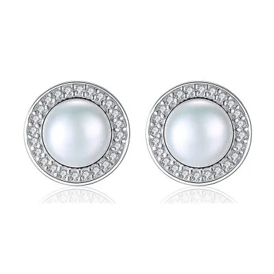 Bông Tai Bạc Nữ đính đá CZ, Ngọc Trai Tròn Caroline LILI 101954 1