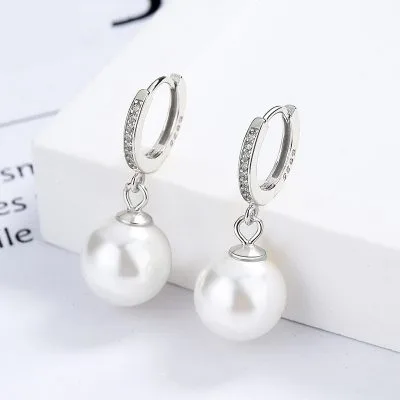 Bông Tai Bạc Nữ đính đá CZ, Ngọc Trai Tròn Raleigh LILI 101707 1
