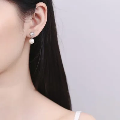 Bông Tai Bạc Nữ đính đá CZ, Ngọc Trai Tròn Sawyer LILI 101735 2