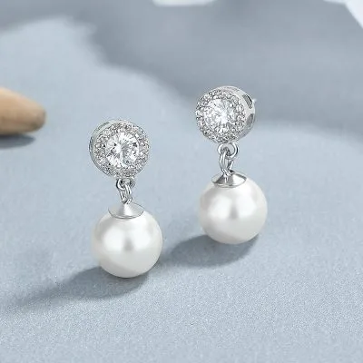 Bông Tai Bạc Nữ đính đá CZ, Ngọc Trai Tròn Sawyer LILI 101735 4