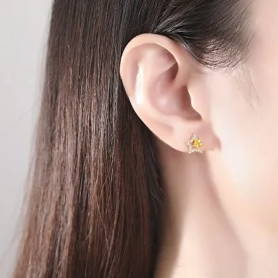 Bông Tai Bạc Nữ đính đá CZ Ngôi Sao Vàng Kori LILI 100452 2