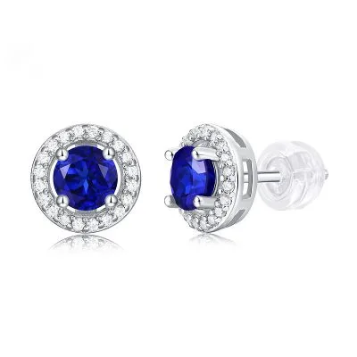 Bông Tai Bạc Nữ đính đá Sapphire Xanh Tròn Cassandra LILI 097561 2