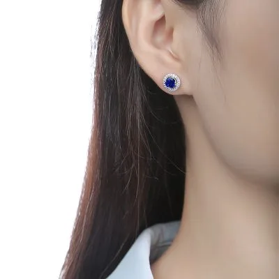 Bông Tai Bạc Nữ đính đá Sapphire Xanh Tròn Cassandra LILI 097561 4