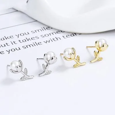 Bông Tai Bạc Nữ đính Ngọc Trai Hình Bông Hoa Tulip LILI 102041 1